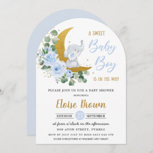 Invitación Elefante Floral Azul Luna Niño Bebé Arco de ducha