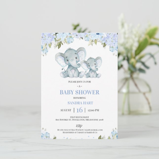 Invitación Elefante Floral azul para niños y Baby Shower de t (Anverso de pie)