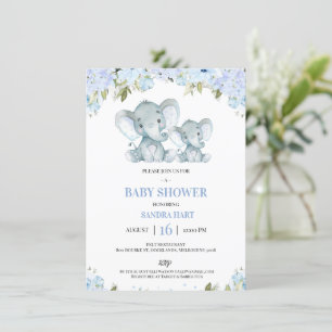 Invitación Elefante Floral azul para niños y Baby Shower de t