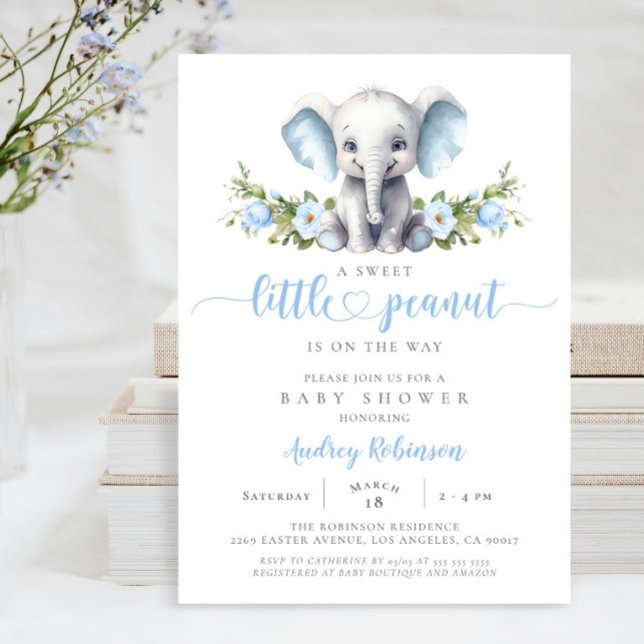 Invitación Elefante Floral Azul Pequeño cacahuete Niño Ducha (Subido por el creador)