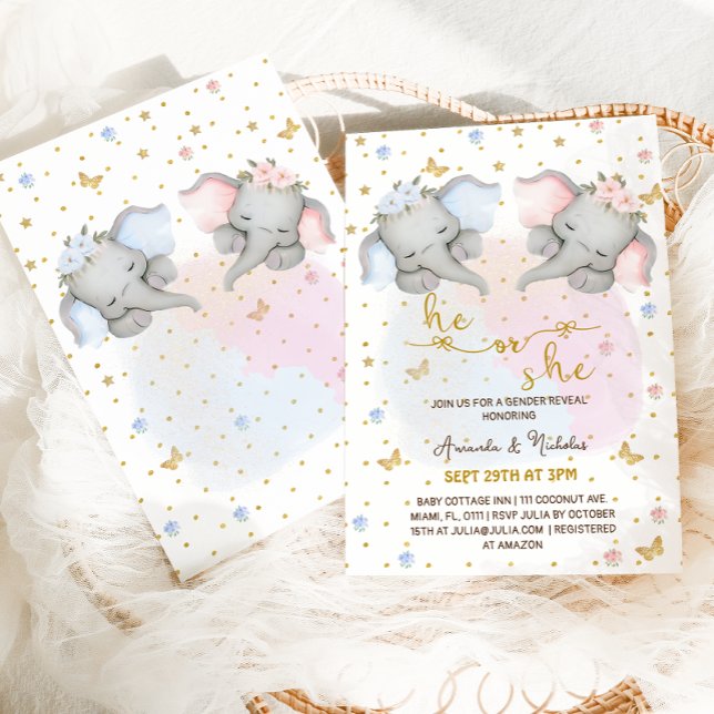 Invitación Elefante floral azul rosado revelado por género (Subido por el creador)