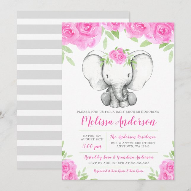 Invitación Elefante floral Baby Shower de la acuarela rosada (Anverso / Reverso)