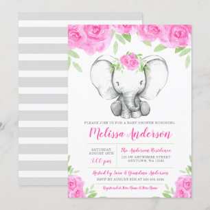 Invitación Elefante floral Baby Shower de la acuarela rosada
