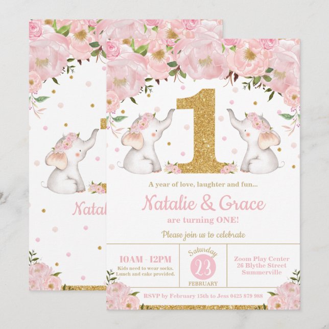 Invitación Elefante Floral Chicas gemelos Primer Fiesta de cu (Anverso / Reverso)