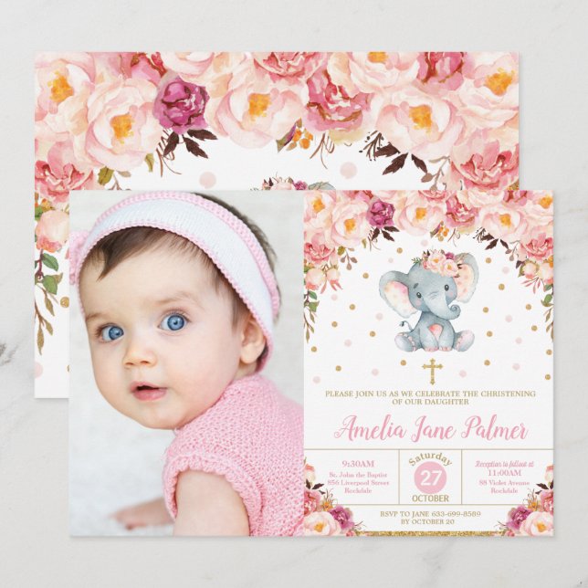 Invitación Elefante floral Christening Baptism Chica (Anverso / Reverso)
