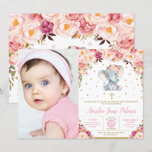 Invitación Elefante floral Christening Baptism Chica