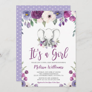 Invitación Elefante Floral color morado Baby Shower Chica