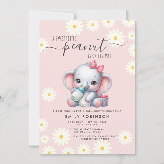 Invitación Elefante Floral Daisy con Baby Shower Leche (Anverso)