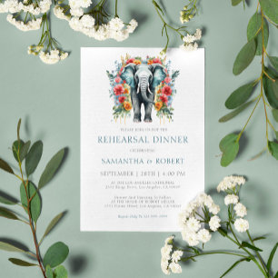 Invitación Elefante Floral de Bahía Azul Blanco Cena de Ensay