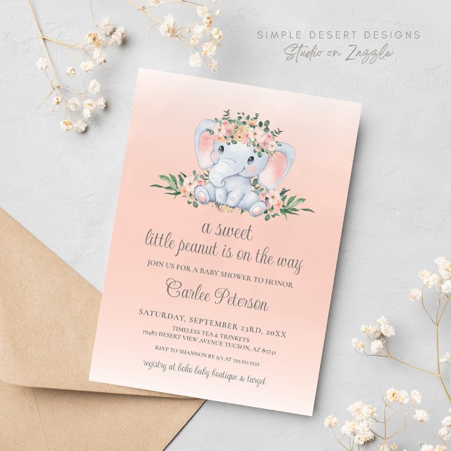 Invitación Elefante floral lindo bebé Baby Shower (Blush Pink Floral Cute Elephant Baby Shower Invitation)