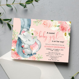 Invitación elefante floral niña bebé dulce crema rosada