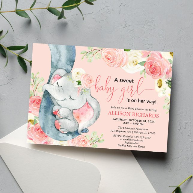 Invitación elefante floral niña bebé dulce crema rosada (Subido por el creador)