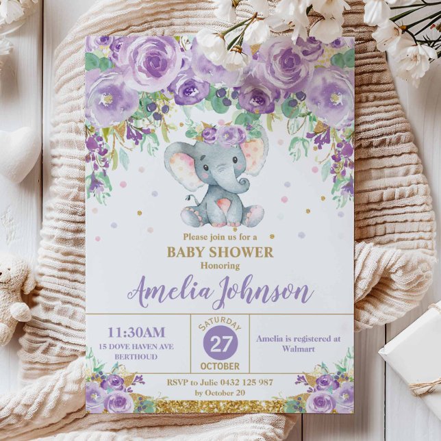 Invitación Elefante floral púrpura lindo Baby Shower Baby Gir (Subido por el creador)