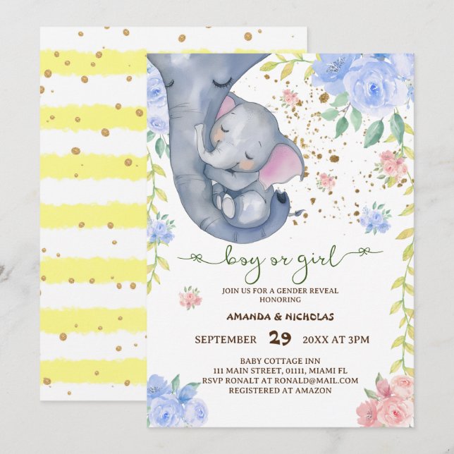 Invitación Elefante Floral Rosa Azul Género Revelador Invitac (Anverso / Reverso)