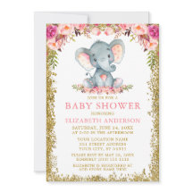 Elefante floral rosa Baby Shower Purpurina dorado