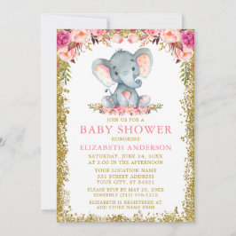 Invitación Elefante floral rosa Baby Shower Purpurina dorado