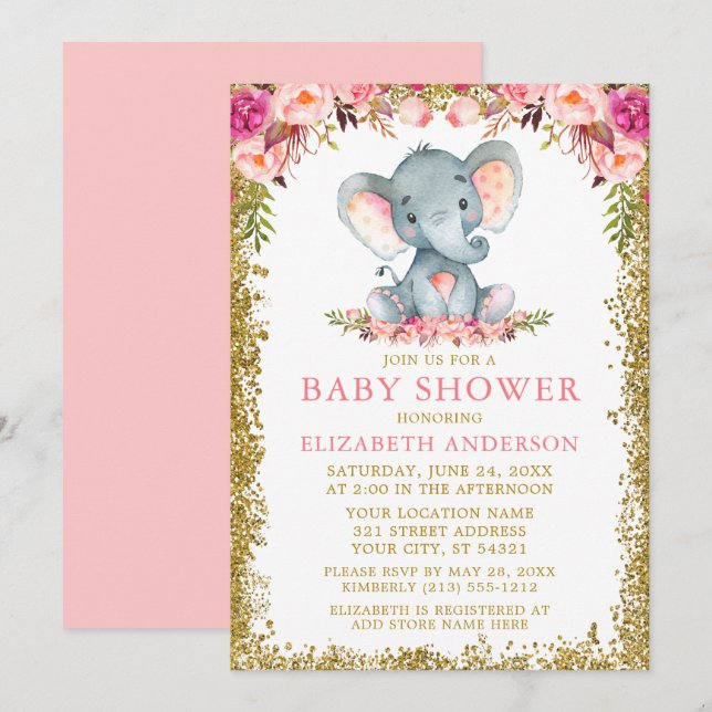 Invitación Elefante floral rosa Baby Shower Purpurina dorado (Anverso / Reverso)