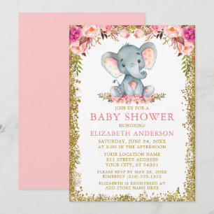 Invitación Elefante floral rosa Baby Shower Purpurina dorado