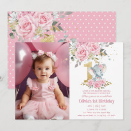 Invitación Elefante Floral Rosa Bebé Primer cumpleaños foto
