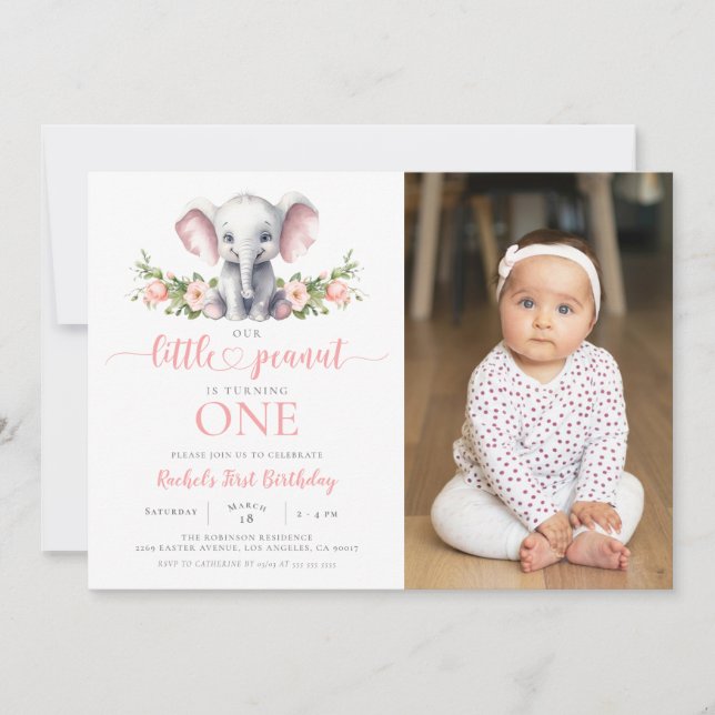 Invitación Elefante Floral Rosa Chica Primer cumpleaños Foto (Anverso)