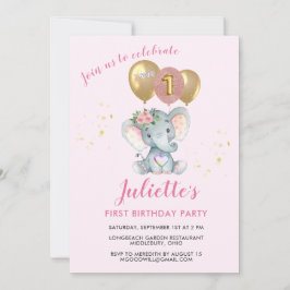 Invitación Elefante Floral Rosa Cute Primer Chica de Cumpleañ