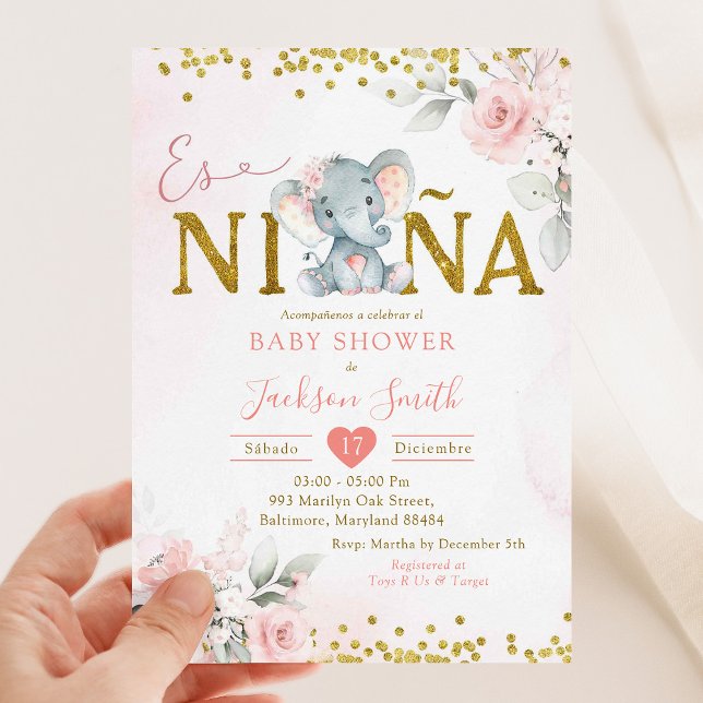 Invitación Elefante floral rosa dorado es niñ un Baby Shower (Subido por el creador)