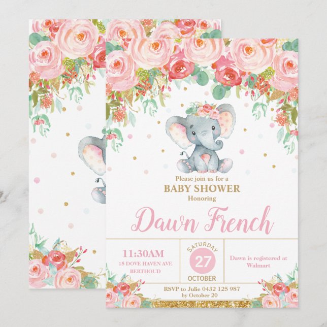 Invitación Elefante floral rosa lindo Baby Shower bebé niña (Anverso / Reverso)