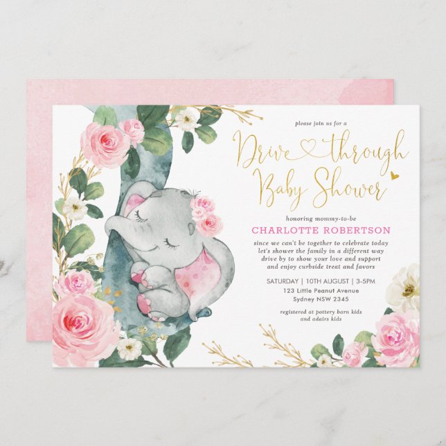 Invitación Elefante Floral Rosa Por Chica Baby Shower (Anverso / Reverso)