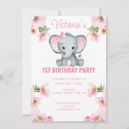 Invitación Elefante Floral Rosa Primer cumpleaños