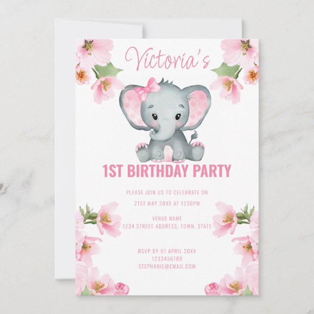 Invitación Elefante Floral Rosa Primer cumpleaños (Anverso)