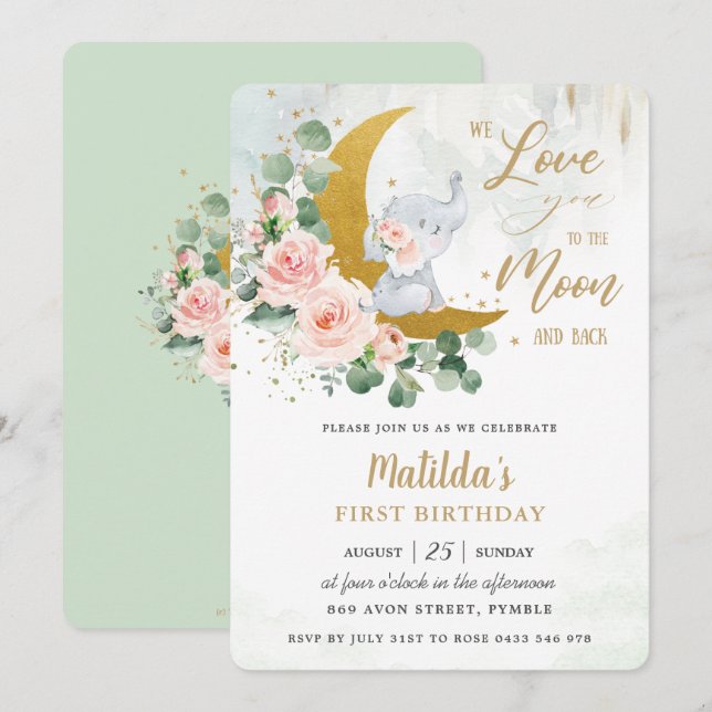 Invitación Elefante Floral Rosa Primer cumpleaños Luna Cresce (Anverso / Reverso)
