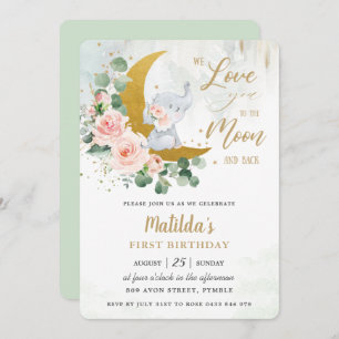 Invitación Elefante Floral Rosa Primer cumpleaños Luna Cresce