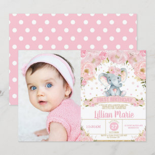 Invitación Elefante Floral Rosa Primera Chica de cumpleaños