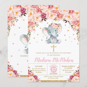 Invitación Elefante Floral Rosado Bautizo de Niña