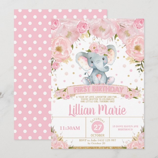 Invitación Elefante floral rosado Primer Chica de la invitaci (Anverso / Reverso)