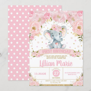 Invitación Elefante floral rosado Primer Chica de la invitaci