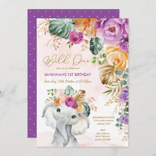 Invitación Elefante Floral Tropical Fall Primer Chica de cump