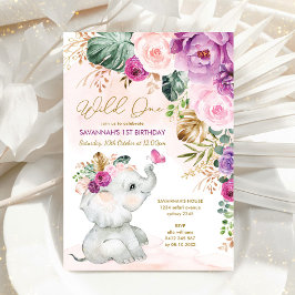 Invitación Elefante Floral Tropical Púrpura Rosado Primer Cum