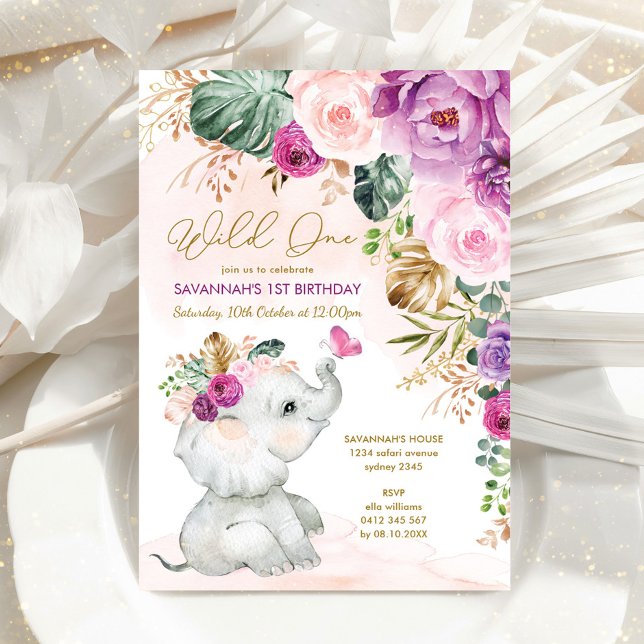 Invitación Elefante Floral Tropical Púrpura Rosado Primer Cum (Subido por el creador)