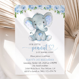 Invitación Elefante, flores de acuarela azules, primer cumple