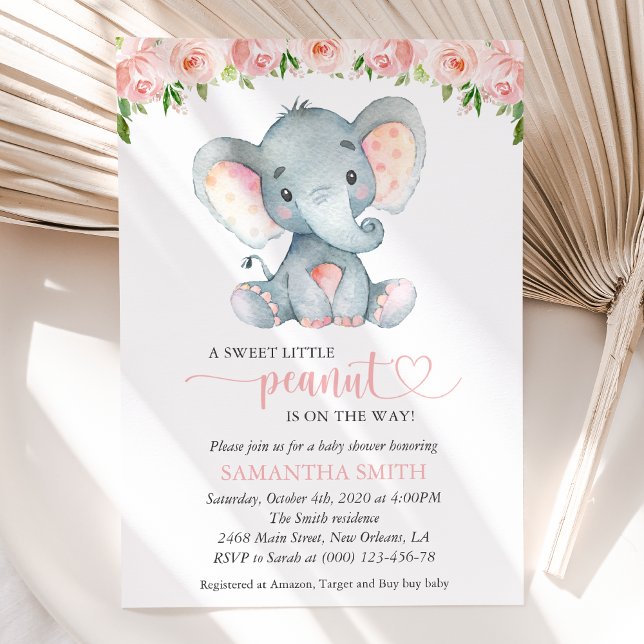 Invitación Elefante, flores de acuarela rosadas, fiesta de be (Subido por el creador)