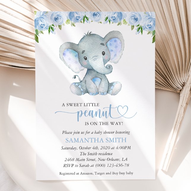 Invitación Elefante, flores de color azul, Baby Shower (Subido por el creador)
