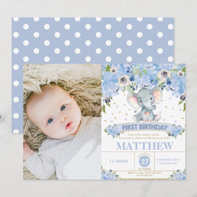 Invitación Elefante Foto del niño floral azul de primer cumpl (Anverso / Reverso)