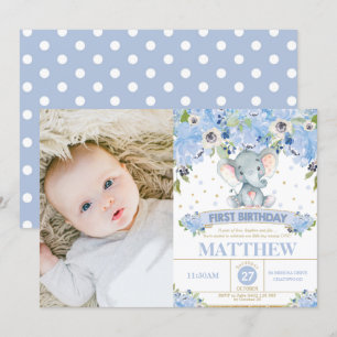 Invitación Elefante Foto del niño floral azul de primer cumpl