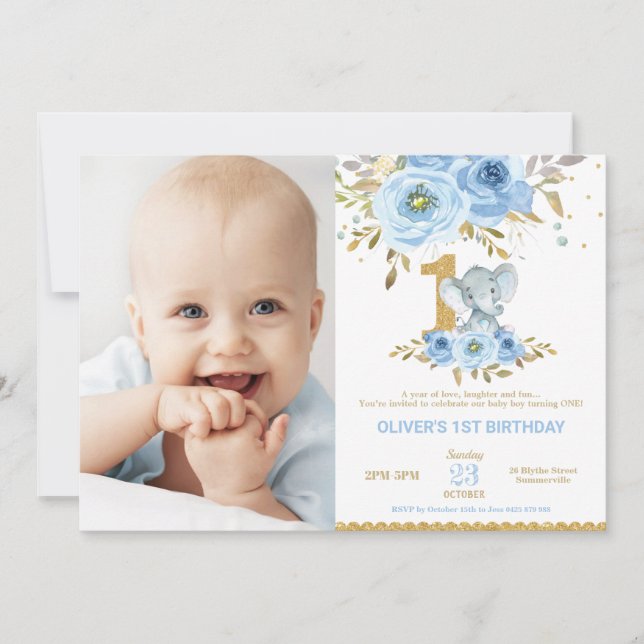 Invitación Elefante Foto del niño floral azul de primer cumpl (Anverso)