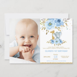 Invitación Elefante Foto del niño floral azul de primer cumpl