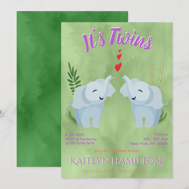 Invitación Elefante gemelo Baby Shower (Anverso / Reverso)