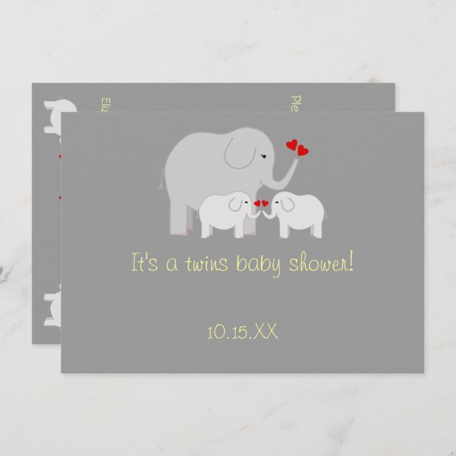 Invitación Elefante Gemelos Baby Shower Neutrales (Anverso / Reverso)