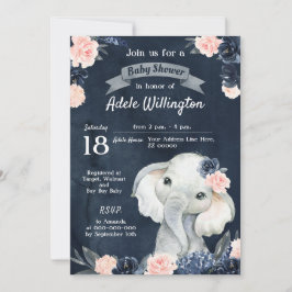 Invitación Elefante Gift acuarela Marina Floral Bebé Rosa