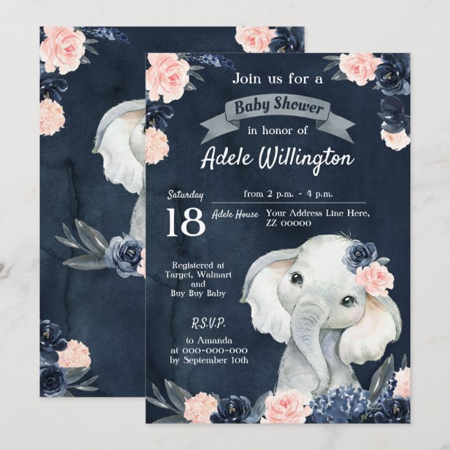 Invitación Elefante Gift acuarela Marina Floral Bebé Rosa (Anverso / Reverso)
